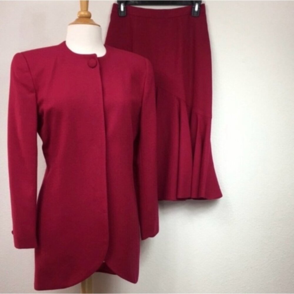 Vintage Saville Womens Magenta Wool Oversize Blazer Flounce Skirt Size 6 Classic